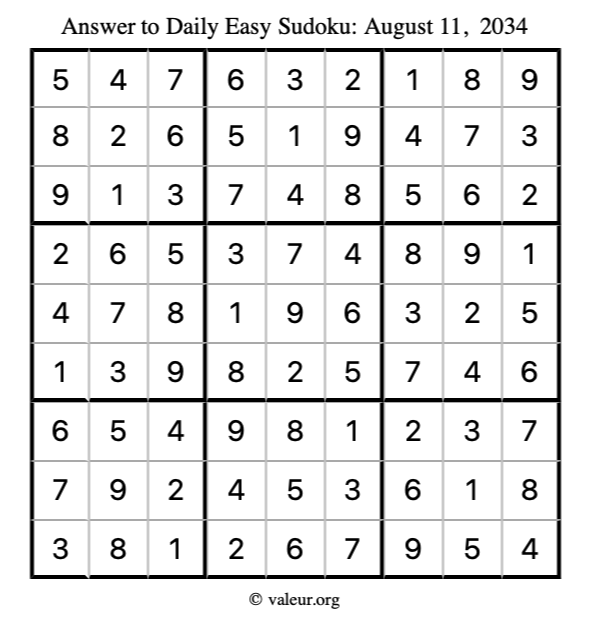 Answer to easy sudoku August 11, 2034