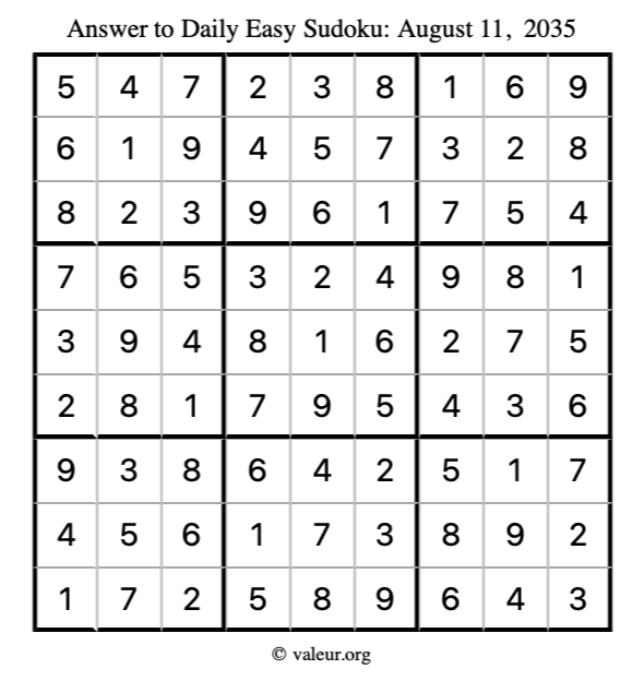 Answer to easy sudoku August 11, 2035