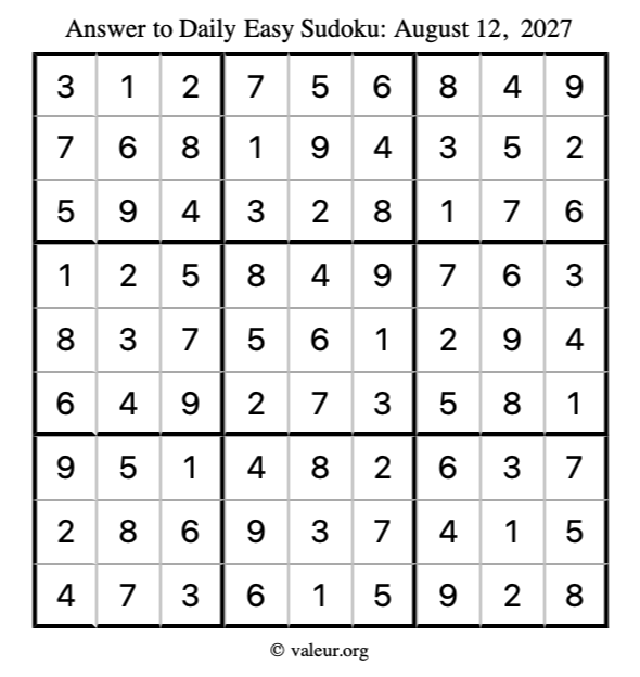 Answer to easy sudoku August 12, 2027
