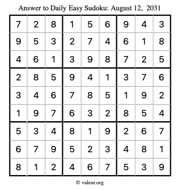 Answer to easy sudoku August 12, 2031
