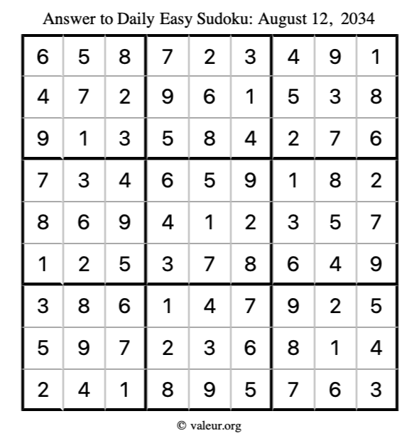 Answer to easy sudoku August 12, 2034