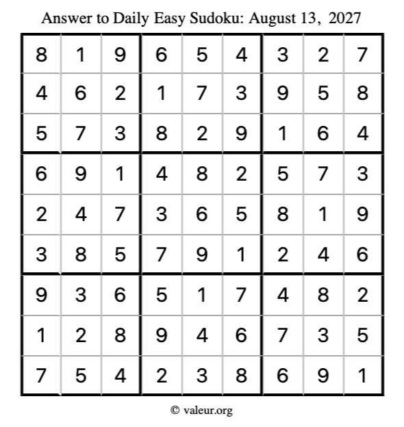 Answer to easy sudoku August 13, 2027