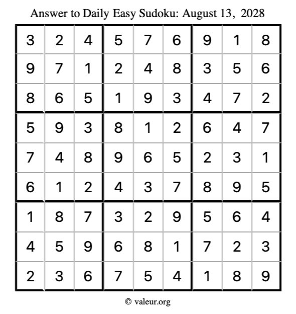 Answer to easy sudoku August 13, 2028