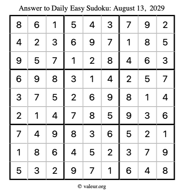 Answer to easy sudoku August 13, 2029