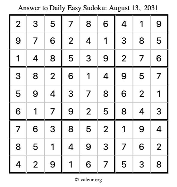 Answer to easy sudoku August 13, 2031