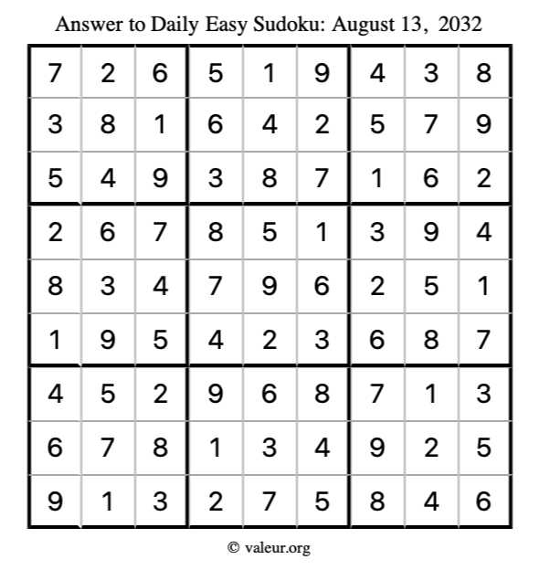 Answer to easy sudoku August 13, 2032