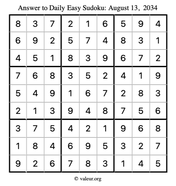 Answer to easy sudoku August 13, 2034