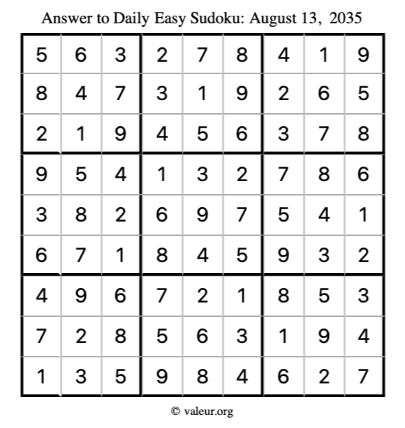 Answer to easy sudoku August 13, 2035