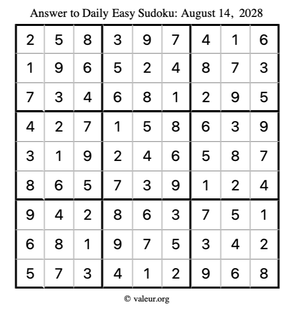Answer to easy sudoku August 14, 2028