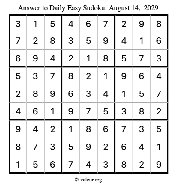 Answer to easy sudoku August 14, 2029
