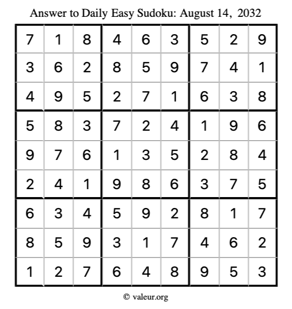Answer to easy sudoku August 14, 2032