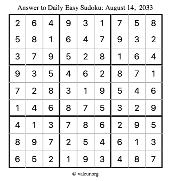 Answer to easy sudoku August 14, 2033