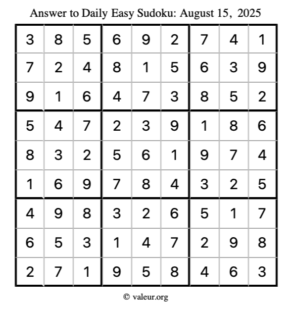 Answer to easy sudoku August 15, 2025
