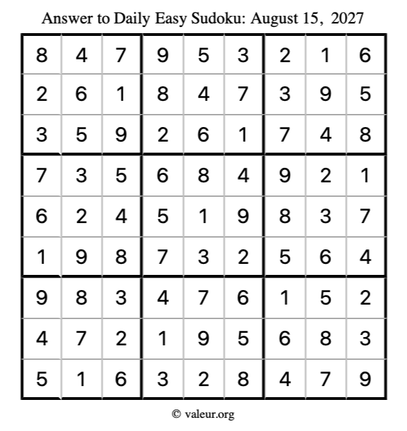 Answer to easy sudoku August 15, 2027
