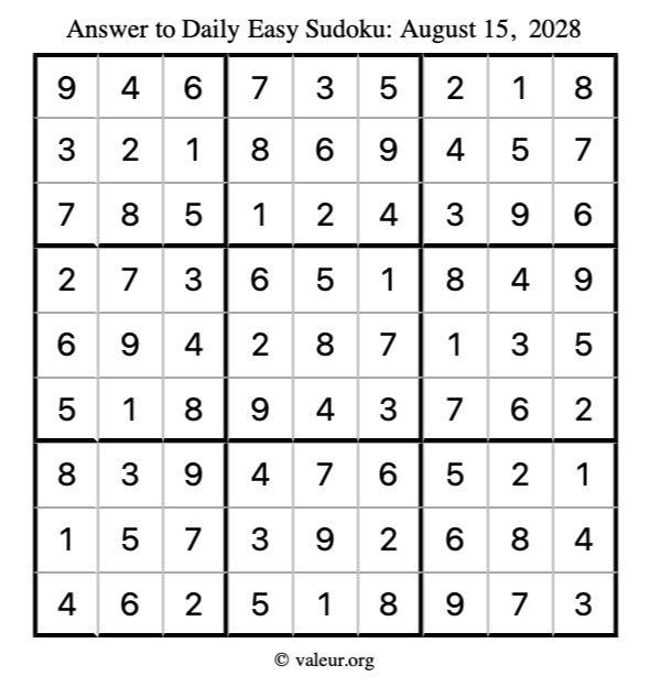 Answer to easy sudoku August 15, 2028