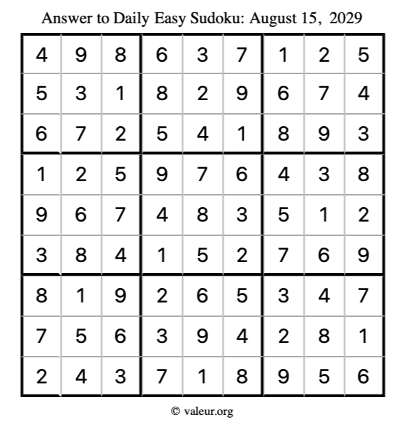 Answer to easy sudoku August 15, 2029