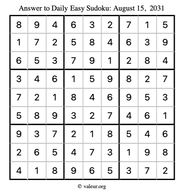 Answer to easy sudoku August 15, 2031