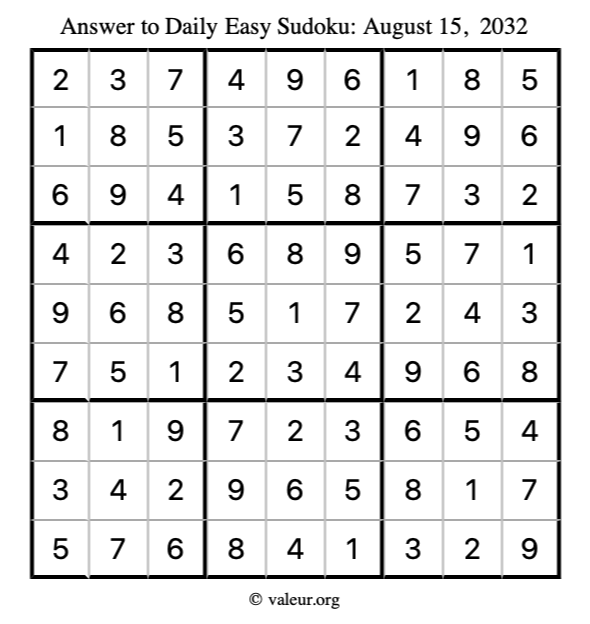 Answer to easy sudoku August 15, 2032