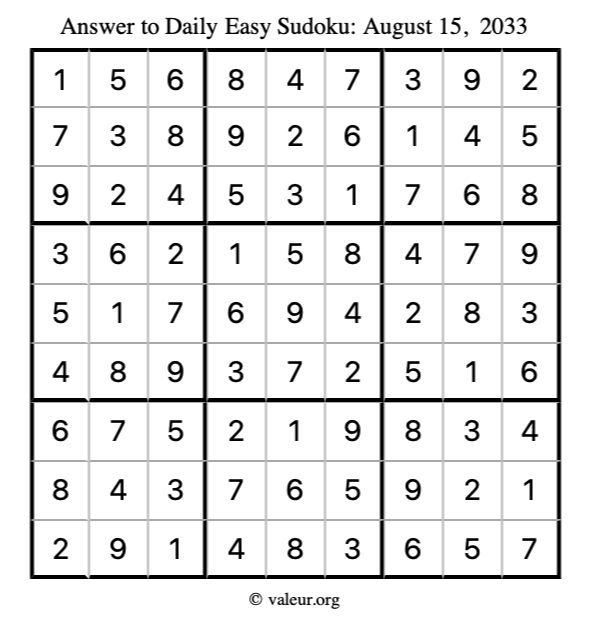 Answer to easy sudoku August 15, 2033