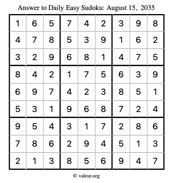 Answer to easy sudoku August 15, 2035