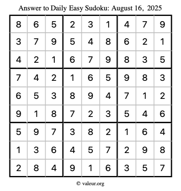 Answer to easy sudoku August 16, 2025