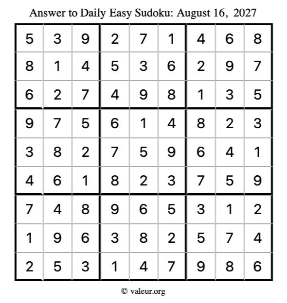 Answer to easy sudoku August 16, 2027