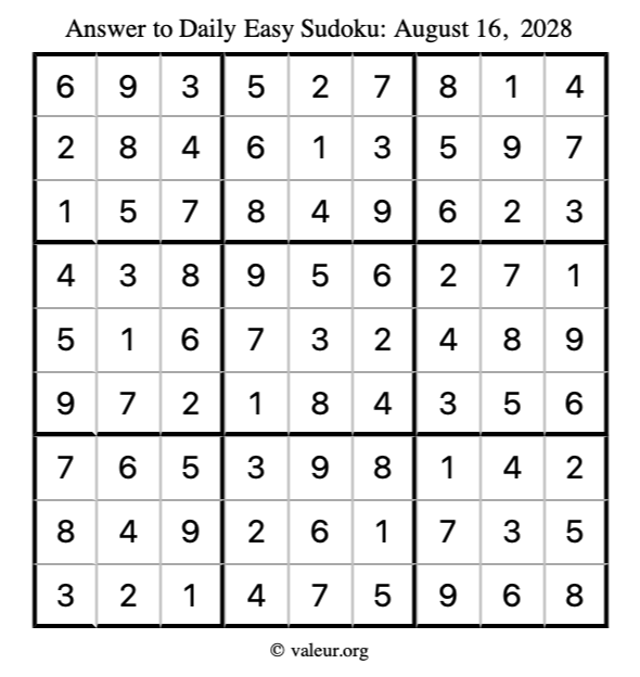 Answer to easy sudoku August 16, 2028