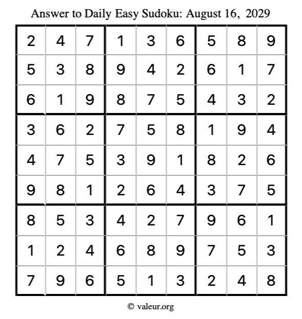 Answer to easy sudoku August 16, 2029