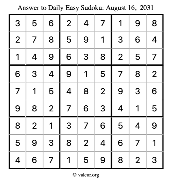 Answer to easy sudoku August 16, 2031
