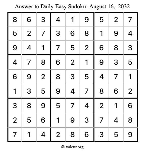 Answer to easy sudoku August 16, 2032