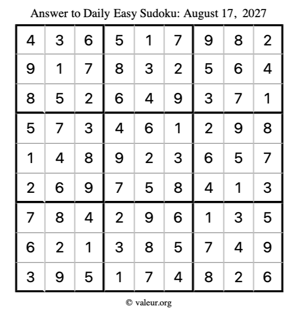 Answer to easy sudoku August 17, 2027