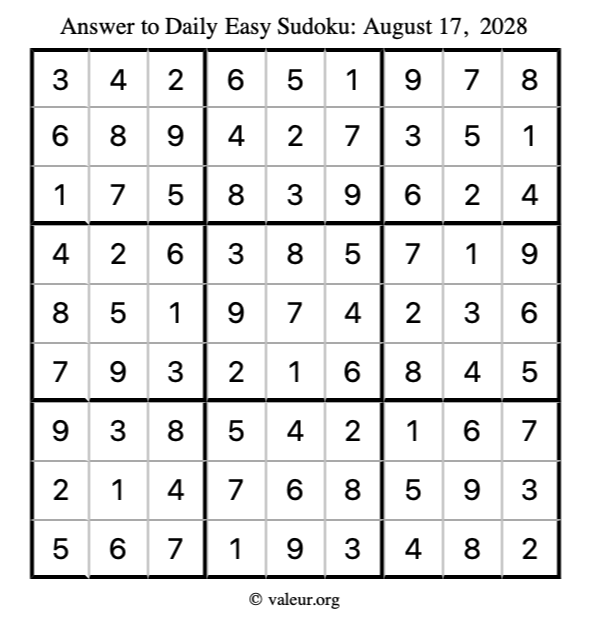 Answer to easy sudoku August 17, 2028