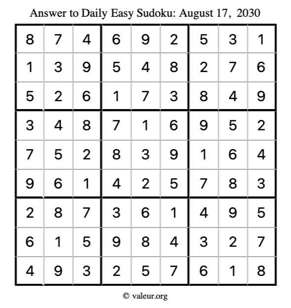 Answer to easy sudoku August 17, 2030