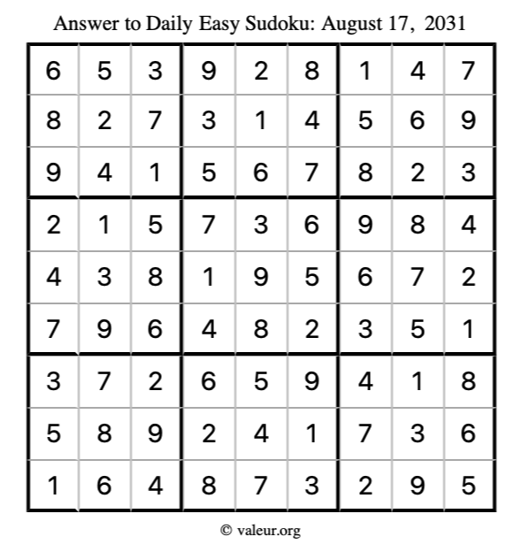 Answer to easy sudoku August 17, 2031