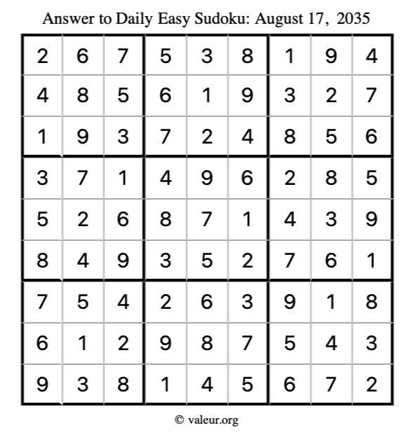 Answer to easy sudoku August 17, 2035