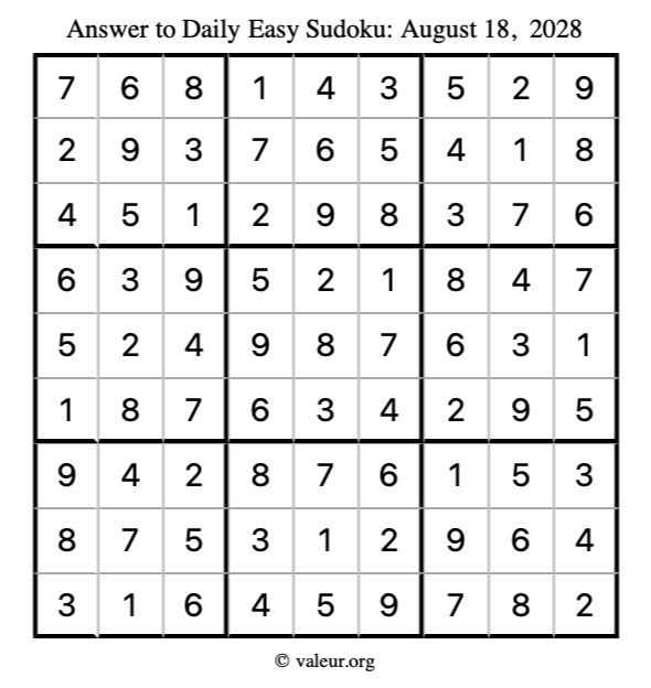Answer to easy sudoku August 18, 2028