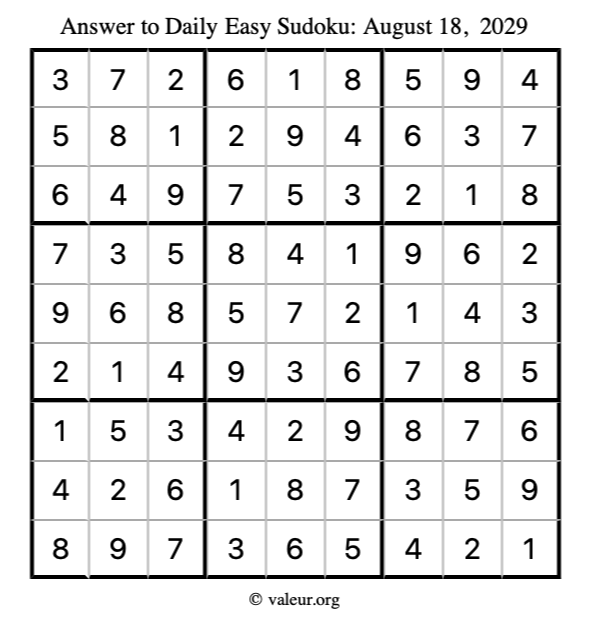 Answer to easy sudoku August 18, 2029