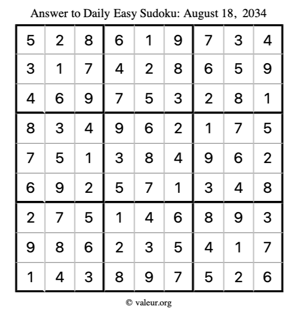 Answer to easy sudoku August 18, 2034