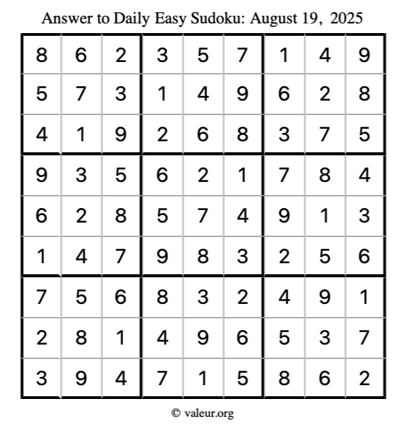 Answer to easy sudoku August 19, 2025