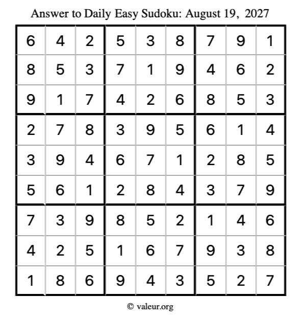Answer to easy sudoku August 19, 2027