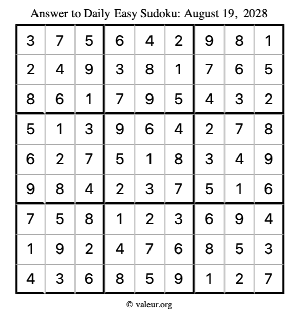 Answer to easy sudoku August 19, 2028