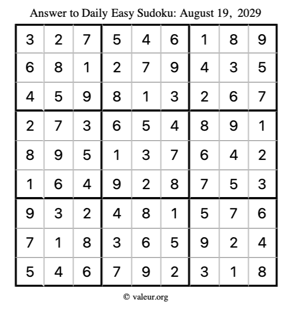 Answer to easy sudoku August 19, 2029