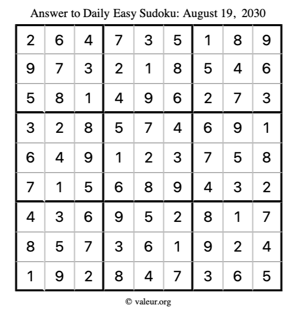 Answer to easy sudoku August 19, 2030