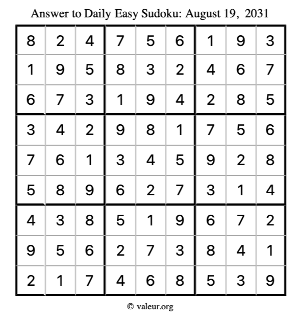 Answer to easy sudoku August 19, 2031