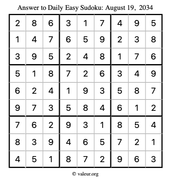 Answer to easy sudoku August 19, 2034