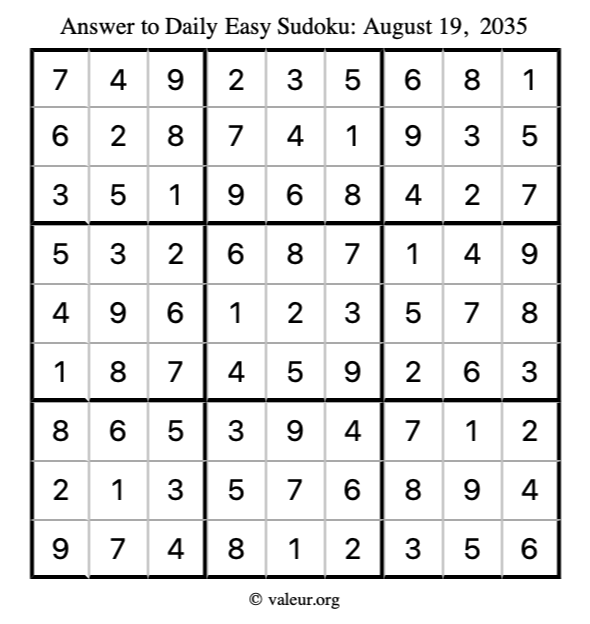 Answer to easy sudoku August 19, 2035