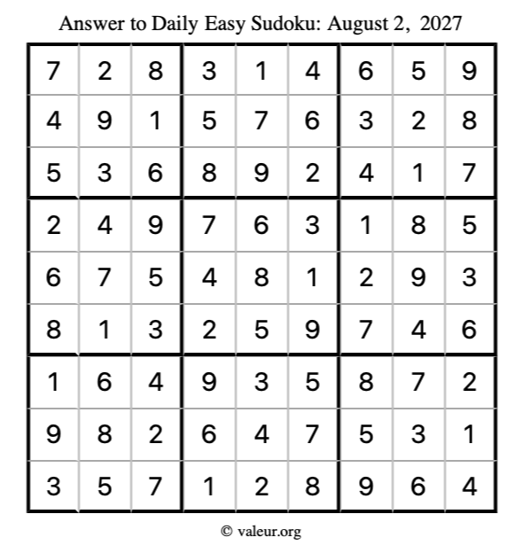 Answer to easy sudoku August 2, 2027