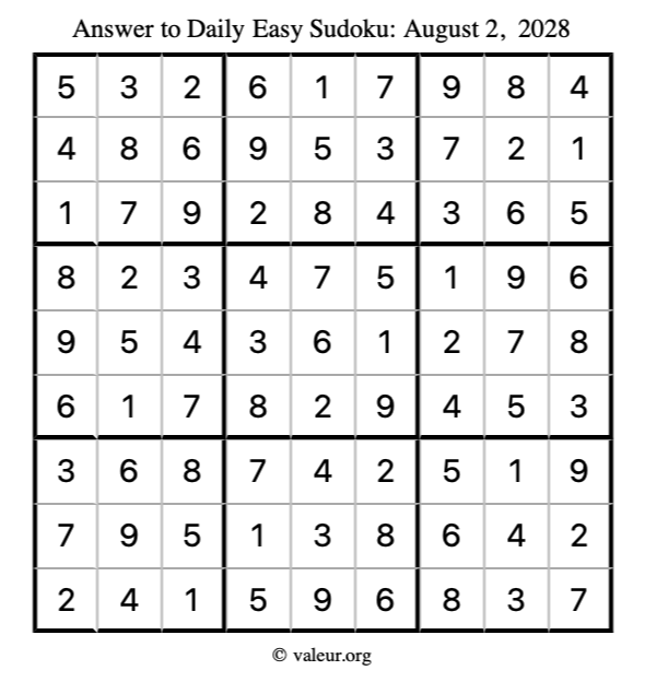 Answer to easy sudoku August 2, 2028
