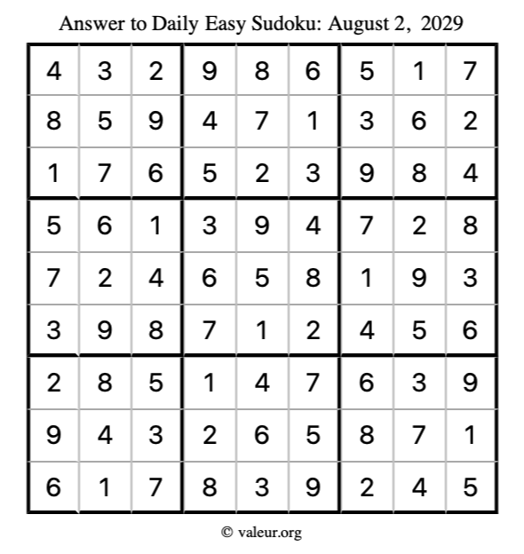 Answer to easy sudoku August 2, 2029