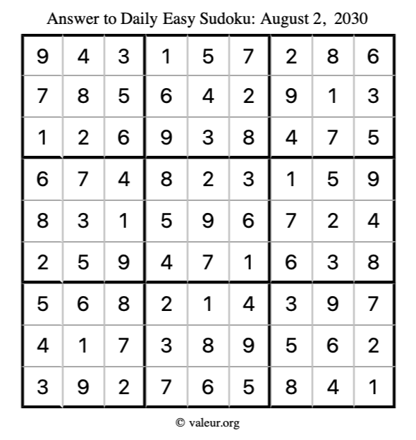 Answer to easy sudoku August 2, 2030